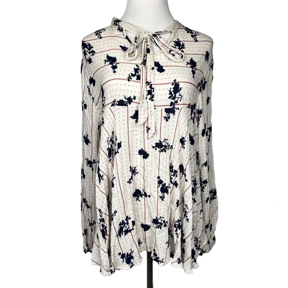 MAX Jeans Flowy Boho Floral Long Sleeve Blouse with Tie Neck Bow